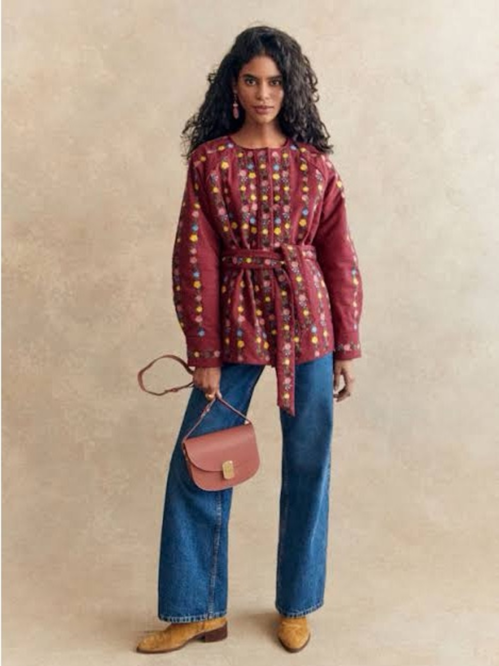 Sezane Renato Maroon Embroidered Belted Jacket
